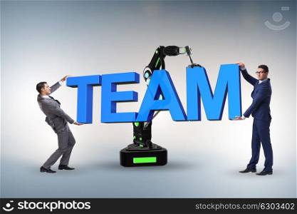 Teamwork concept with businessman and robotic arm