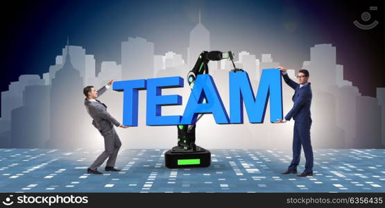 Teamwork concept with businessman and robotic arm