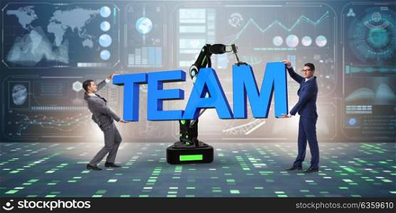Teamwork concept with businessman and robotic arm