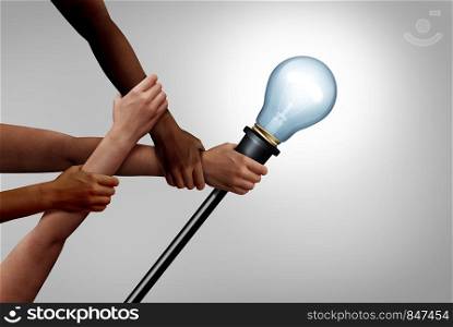Teamwork creativity and people thinking together as a diverse group coming together joining hands into the shape of an inspirational light bulb as a community support metaphor with 3D elements.