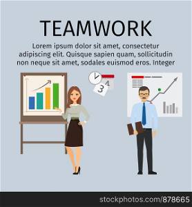 Teamwork infographic illustration with business people. Vector illustration. Teamwork infographic with business people
