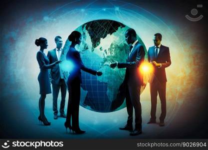 Teamwork of business people around the world. Business deal. Business partnership agreements. Generative AI. High quality illustration. Teamwork of business people around the world. Business deal. Business partnership agreements. Generative AI