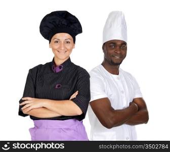 Teamwork of chefs isolated on white background