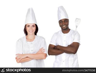 Teamwork of kitchen on a over a white background