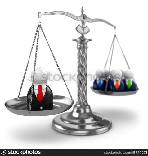 Teamwork. Scales and people on white isolated background. 3d