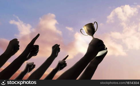 Teamwork, Winning, Goal and Successful Concept.  Silhouette of People Raise Up Hands into the Sky. the Leader Holding a Golden Trophy. Cheerful Gesture Hand