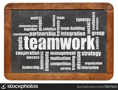 teamwork word cloud on a vintage blackboard isolated on white