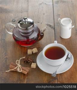teapot and cup on a wooden tray. top view
