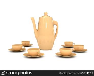 Teapot and cups over white background. 3d rendered image