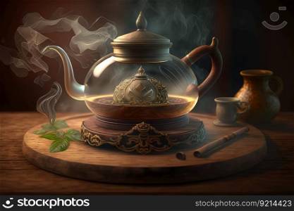 teapot filled with steam and ready for serving on wooden tray, created with generative ai. teapot filled with steam and ready for serving on wooden tray