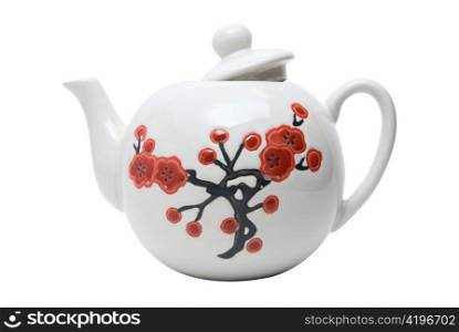 Teapot in asian style with flowers. Isolated on white.