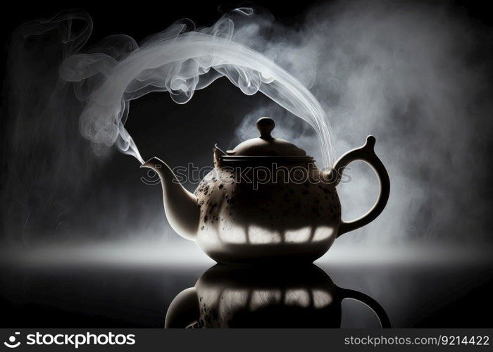teapot with steam rising from the hot water, created with generative ai. teapot with steam rising from the hot water