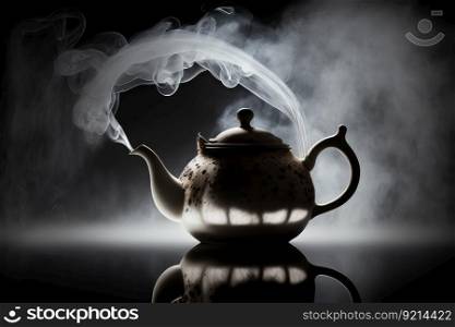 teapot with steam rising from the hot water, created with generative ai. teapot with steam rising from the hot water
