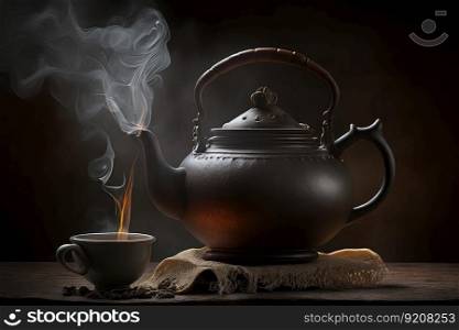 teapot with steaming hot tea, set on wooden table, created with generative ai. teapot with steaming hot tea, set on wooden table