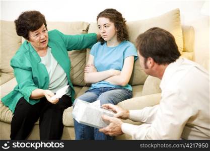 Tearful mother complains to the therapist about problems with her teenage daughter.