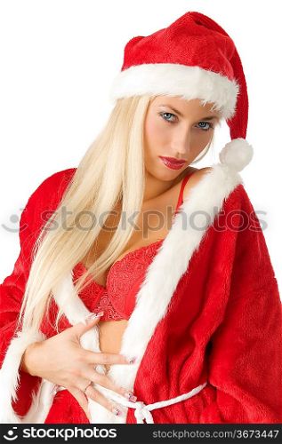 teasing and nice blond in santa claus dress showing red bra
