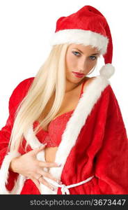 teasing and nice blond in santa claus dress showing red bra