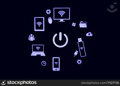 Tech devices and icons interface on background