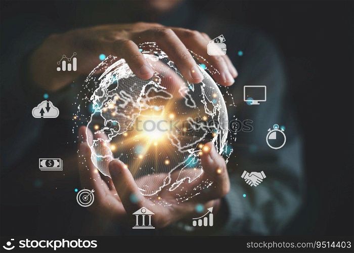 Tech driven Global Business, Businessman embraces technology as he analyzes big data for business intelligence. composition of world map digital links emphasizes interconnectedness of global market.