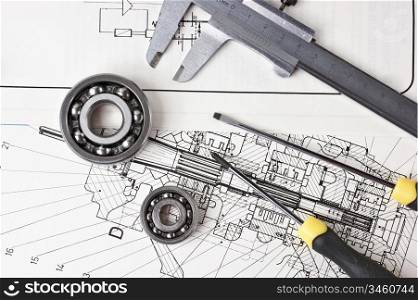 Technical drawing and callipers with bearing
