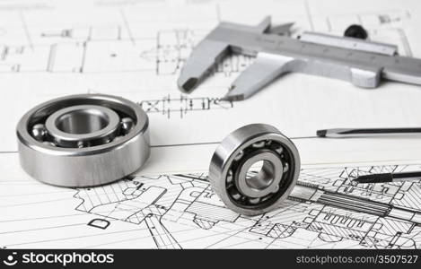 Technical drawing and callipers with bearing