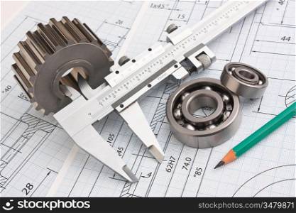 technical drawing and pinion with bearings