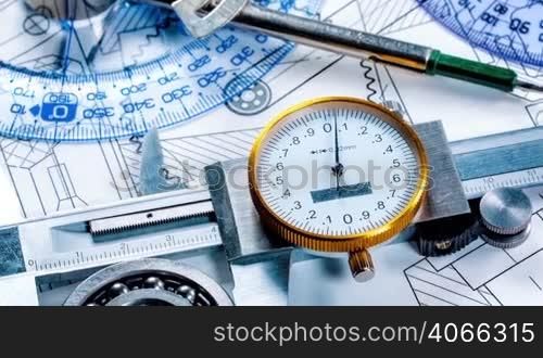 Technical drawing and tools. Shot in 4K (ultra-high definition (UHD))