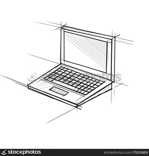 Technical Drawing sketch style illustration of a laptop computer on screen on isolated white background.. Laptop Computer Technical Drawing