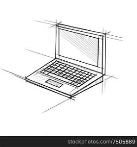 Technical Drawing sketch style illustration of a laptop computer on screen on isolated white background.. Laptop Computer Technical Drawing