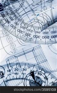 Technical drawing with a ruler in a blue toning
