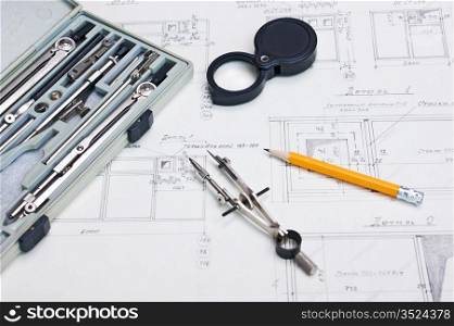 technical drawings and a calculator