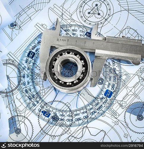 Technical drawings with the bearing in a blue toning