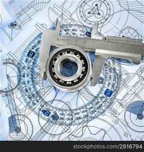Technical drawings with the bearing in a blue toning