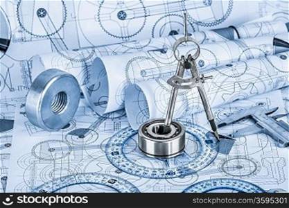 Technical drawings with the bearing in a blue toning