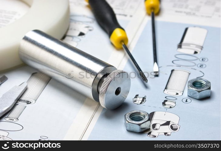 technical drawings with tools and parts
