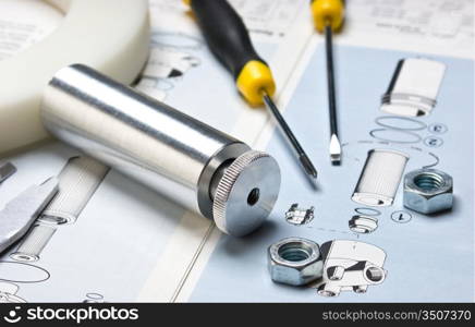 technical drawings with tools and parts