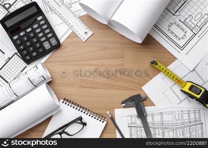technical plan drawing wooden background