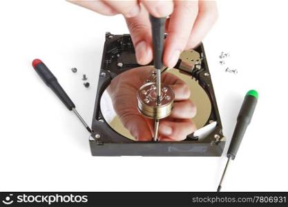 Technical surgeon working on hard drive - data recovery concept