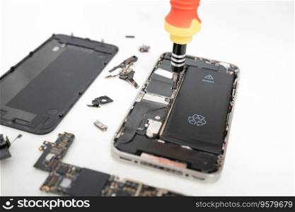 Technician repairing inside the smartphone motherboard with tools for recovery, The man repair by tightening nut from mobile phone with a screwdriver to fix problem
