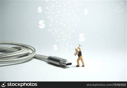 Technician worker figure standing in front of usb USB type C cable. E commerce concept.