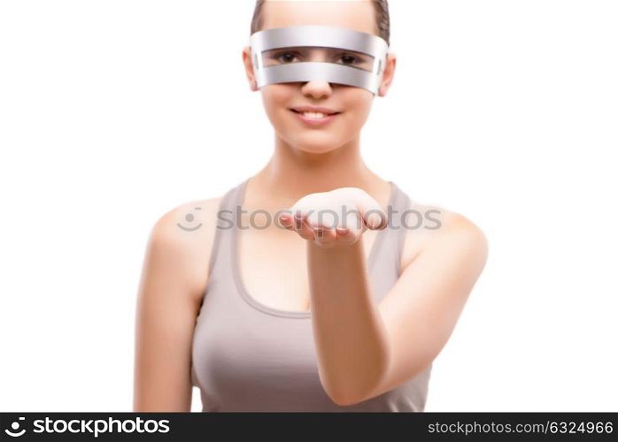 Techno girl holding gands isolated on white
