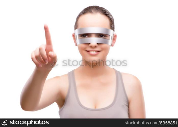 Techno girl pressing virtual button isolated on white