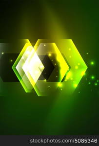 Techno glowing glass hexagons vector background. Techno glowing glass hexagons vector background, futuristic dark template with neon light effects and simple forms