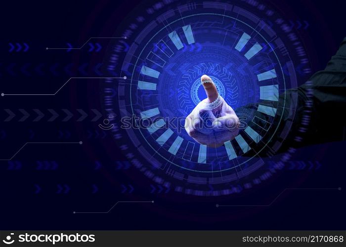 technological abstract background with pie charts and male hand on a dark blue background. The concept of innovation, processing and storage of data on the Internet