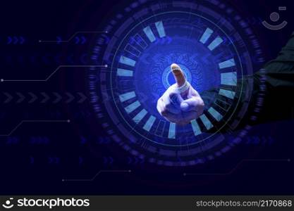 technological abstract background with pie charts and male hand on a dark blue background. The concept of innovation, processing and storage of data on the Internet
