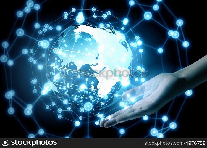 Technologies connecting the world. Global connection concept with digital planet in hands