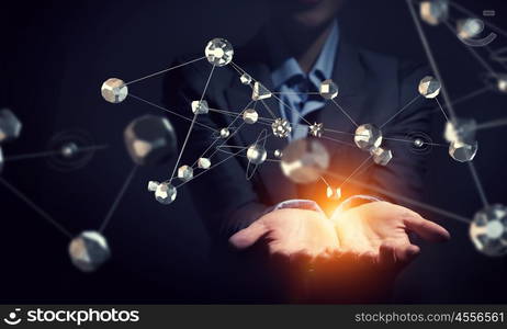 Technologies for connection. Close view of female presenting social network concept . 3D rendering