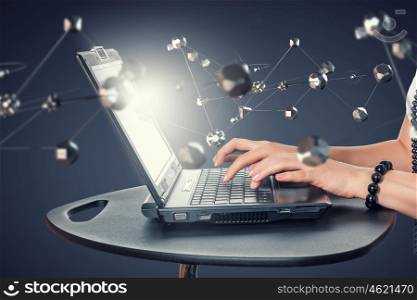 Technologies for connection. Close view of female working on laptop and social network concept . 3D rendering