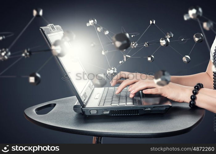 Technologies for connection. Close view of female working on laptop and social network concept . 3D rendering