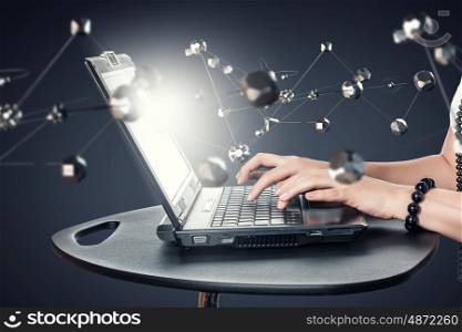 Technologies for connection. Close view of female working on laptop and social network concept . 3D rendering